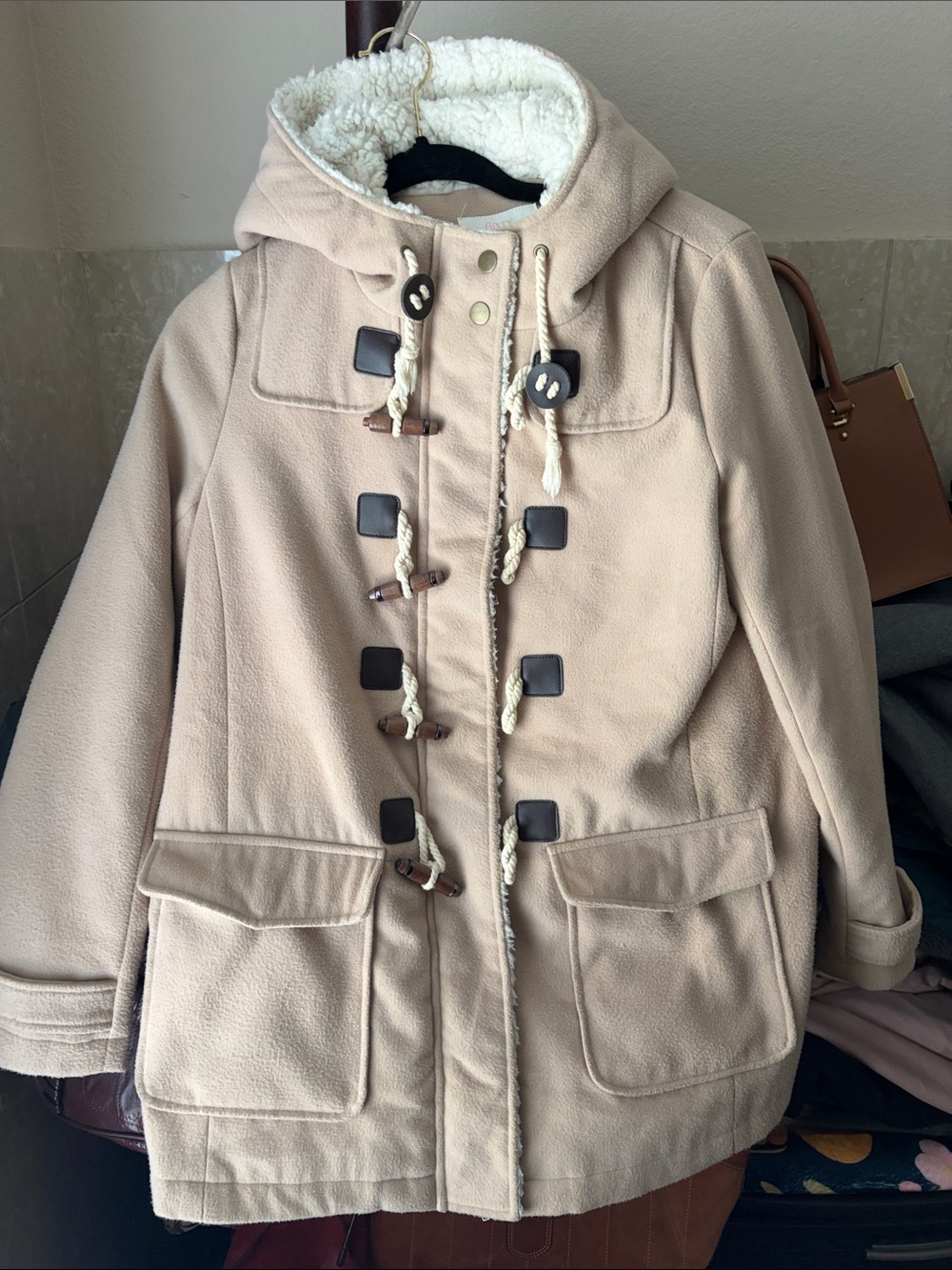 Women’s Cream Hooded Toggle Pea Coat